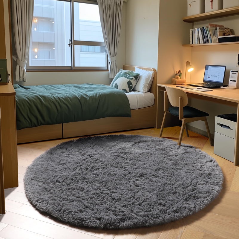 ONASAR Grey Round Area Rug 4ft, Gray Soft Bedroom Circle Throw Rugs for Kids Girls Boys Teen Dorm Room, Fluffy Plush Shaggy Carpet Mats for Nursery Living Room Playroom Home Office Decor Aesthetic - Image 3